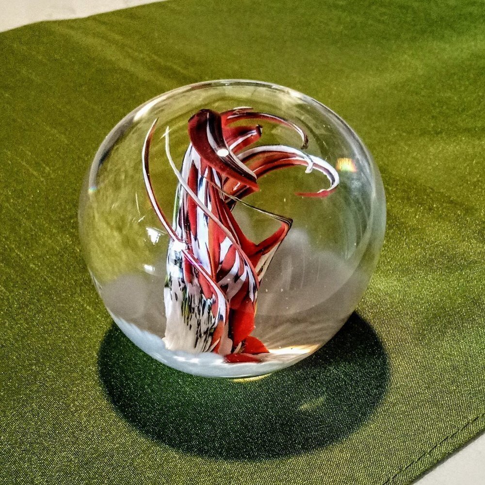 Orange White Clear Glass Round Paperweight EAG